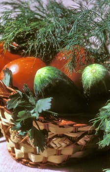 Basket with cucumbers and tomatoes close up