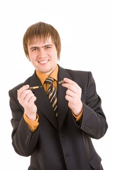 smiling businessman holds pen