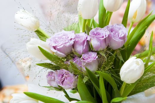 Violet roses and white tulips in a bouquet
