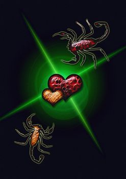 great creative abstract color rich textured symbolic image of love scorpions, in the form of two joint hearts.