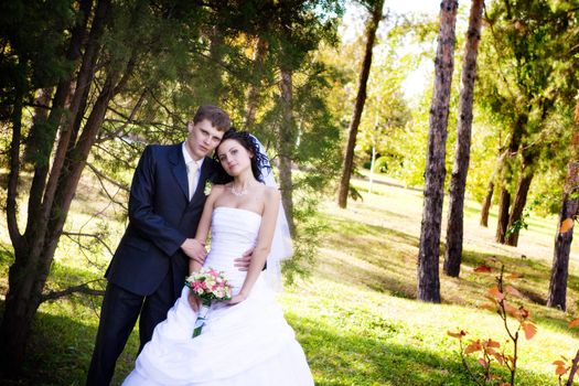 A newlywed couple in a forest, holding hands
