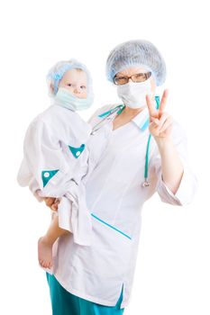 doctor with child on hands shows victory with fingers