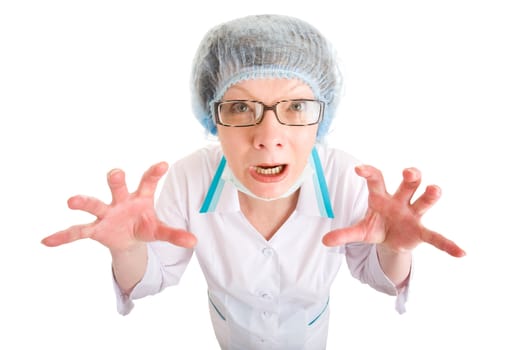 woman dressed as a doctor with hands ready to seize everyone