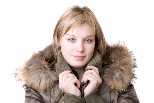 young girl in a jacket with a fur collar