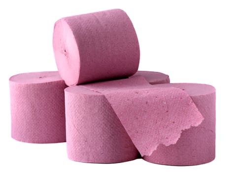 Stack of pink toilet rolls on a white background