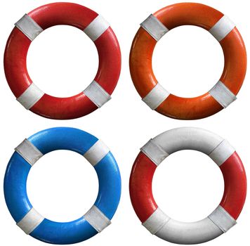 Four life buoys of various colors: red and white, orange and white, blue and white