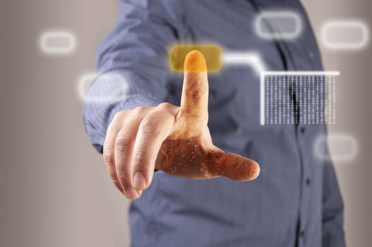 hand pushing a button on a touch screen interface, blur man background
