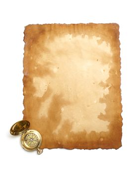 A well aged piece of blank paper and a brass compass ready for your text to be inserted.