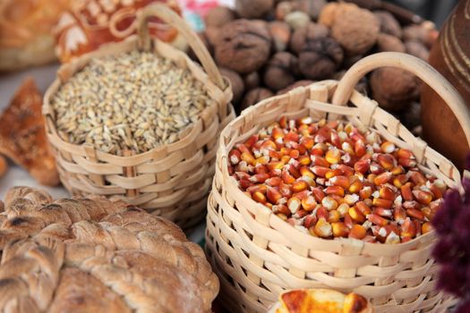Basket with wheat and maize