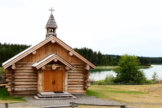 Log chapel on waterfront in British Columbia Canada