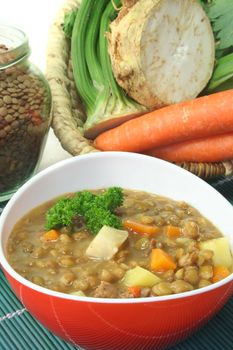 Lentil stew with potatoes, carrots and parsley