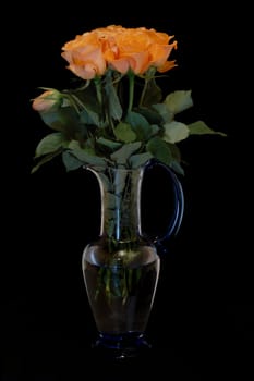 Orange roses in a vase against a black background