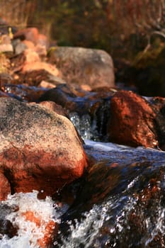 Sunlit stones in a small creek shot with short focus