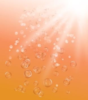 illustration depicting many air bubbles rising from the depths of a golden body of water towards the surface.