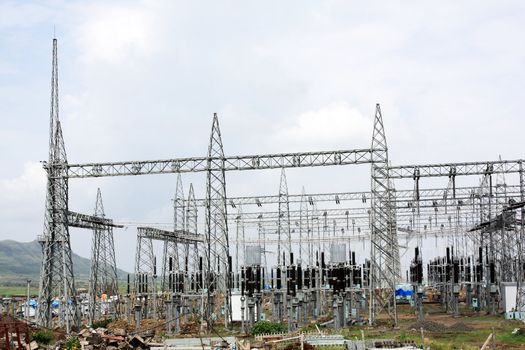 A power grid setup, near a power plant.