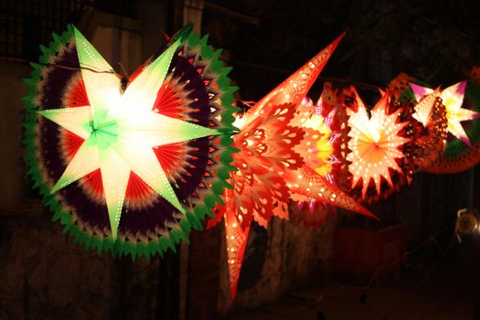 Beautiful lanterns of different shapes traditionally lit on the occassion of Diwali festival in India.