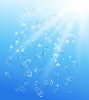 illustration depicting many air bubbles rising from the depths of a brilliant blue body of water towards the surface.