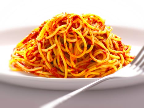 close up of a plate odf spaghetti noodles in tomato sauce