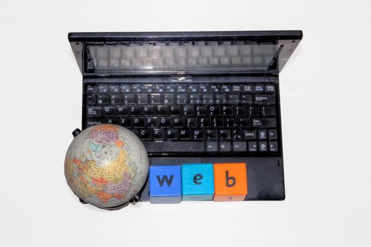 globe on laptop with web word on white background