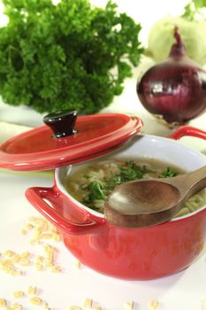 Alphabet soup with carrots, leeks, onions and parsley in a red pot