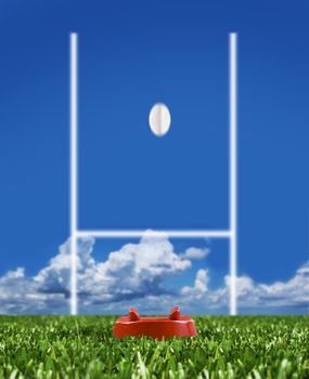 Rugby ball kicked to the posts on a rugby field showing movement