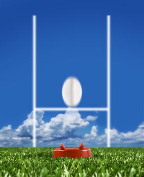 Rugby ball kicked to the posts on a rugby field showing movement