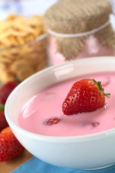 Strawberry yogurt with fresh strawberry surrounded by strawberries, corn flakes and yogurt in glass (Selective Focus, Focus on the strawberry in the yogurt)