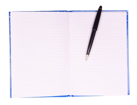 Blue notebook with pen, isolated on background