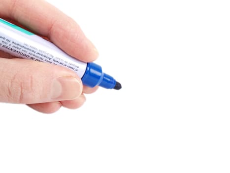 Someone holding a blue pen, towards white background