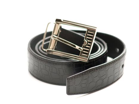 Black leather belt on white background 
