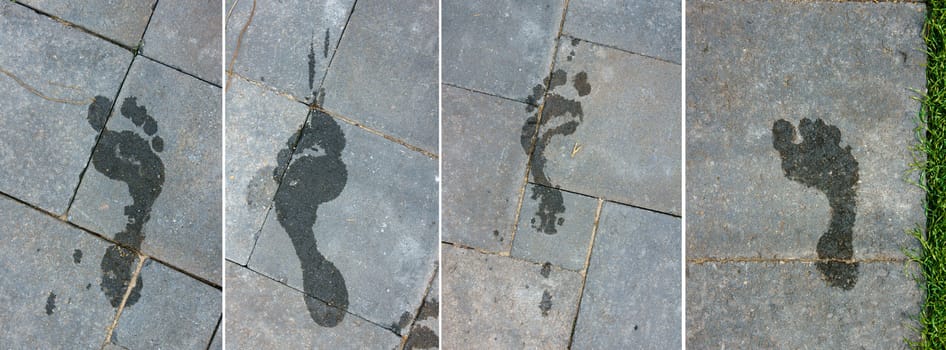 Series of wet foot prints on paved stones