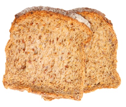 Slices of multicorn bread, isolated against white background