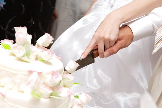 hands of bride and groom cut of a slice of a wedding cake