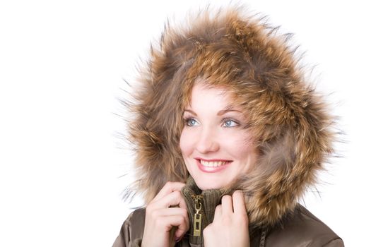 happy woman in a jacket with a fur collar