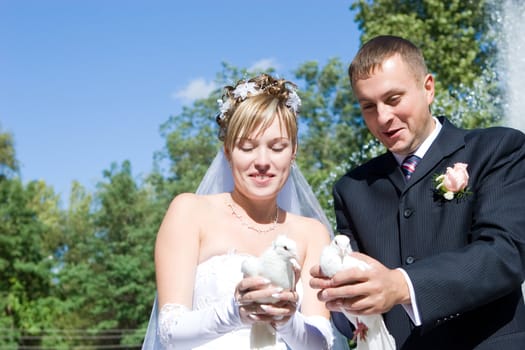 bride and groom with white pigeons in hands