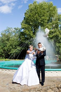 a bride and a groom let go pigeons