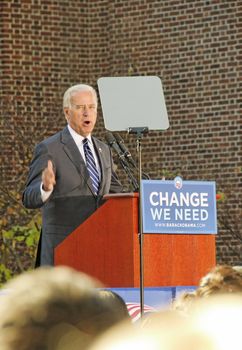 U.S. Democratic Vice-Presidential candidat Senator Joseph R. Biden speaks at a University of Delaware rally to elect the Obama-Biden team in the 2008 general election.  October 31, 2008, Newark, Delaware.