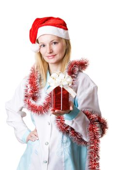 Young Woman in red cap with cristmas gifts