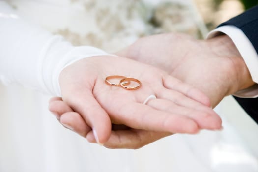 gold wedding rings on palm