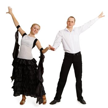 A pair of professional dancers finished dancing isolated on white background
