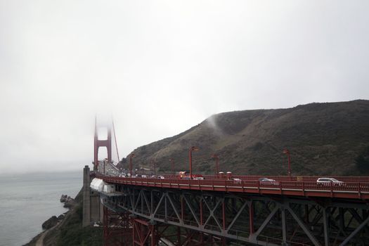 A view of the Golden Gate Bridge on a foggy morning