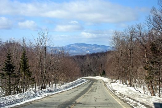 A road in winter with trees and snow to the sides.