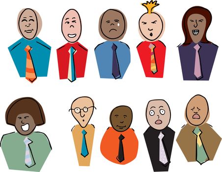 Ten diverse cartoons of male and female business people making faces