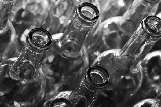 Black & white closeup of clean & clear wine bottles lined up waiting to be filled at a winery