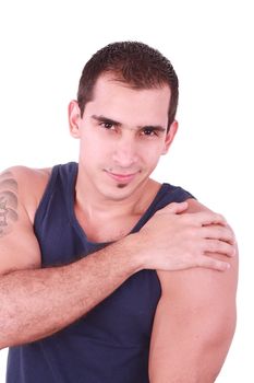 Smiling young strong man. Isolated over white background