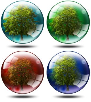 Four trees with leaves inserted balls of various colors, ecology concept