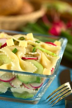 Vegetarian bow tie pasta salad with cucumber, radish, cheese and chives in glass bowl (Selective Focus, Focus one third into the bowl)