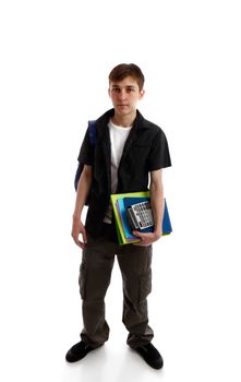 High school student carrying books and equipment.  White background.