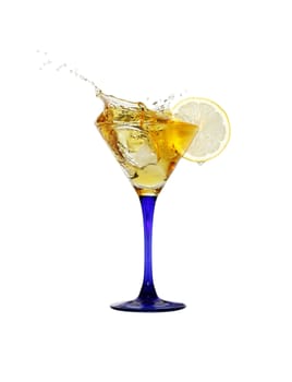 Splashing cocktail with ice and lemon isolated on white background with clipping path