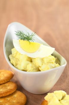 Egg salad garnished with boiled egg and dill served with crackers (Selective Focus, Focus on the egg yolk and the front of the dill)